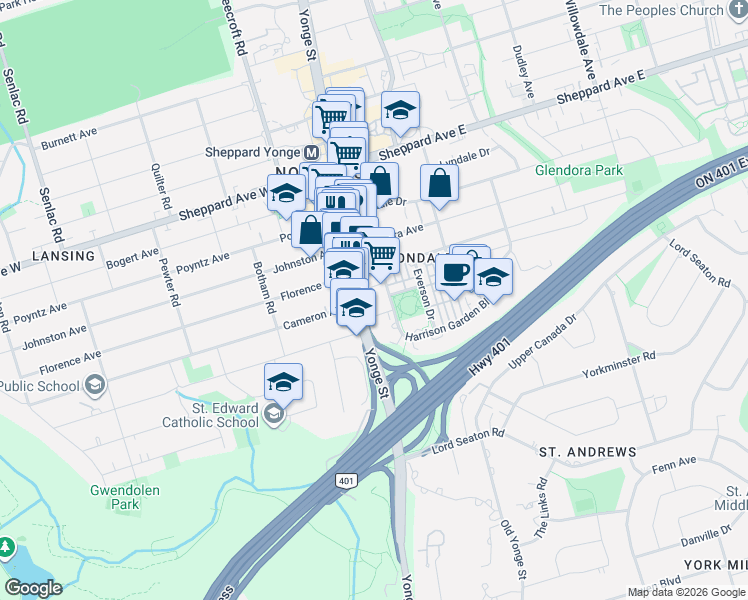 map of restaurants, bars, coffee shops, grocery stores, and more near 18 Harrison Garden Boulevard in Toronto