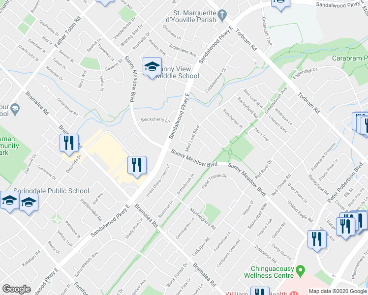 map of restaurants, bars, coffee shops, grocery stores, and more near 123 Mint Leaf Boulevard in Brampton