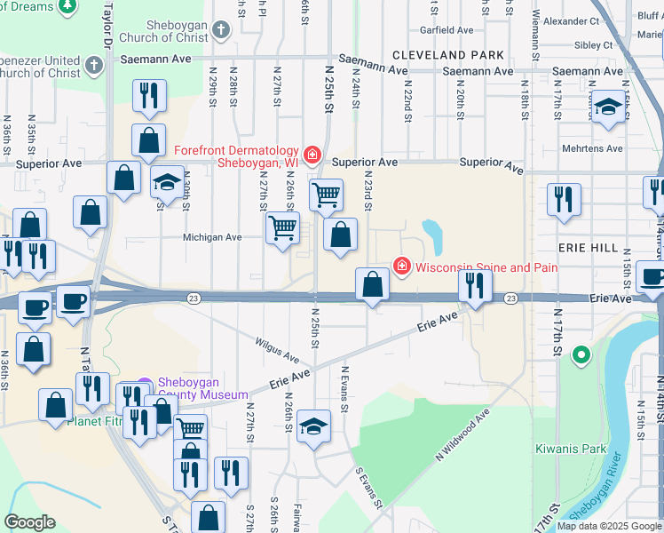 map of restaurants, bars, coffee shops, grocery stores, and more near 2414 Kohler Memorial Drive in Sheboygan