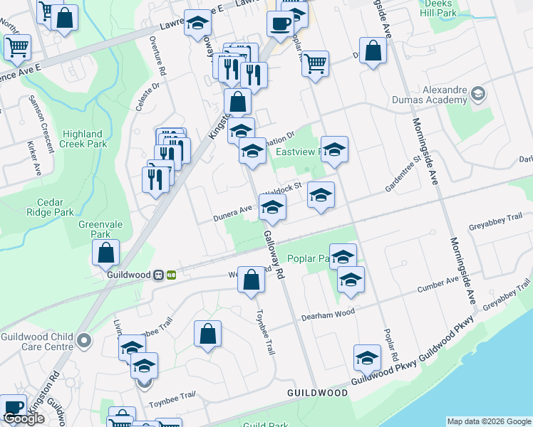 map of restaurants, bars, coffee shops, grocery stores, and more near 103 Galloway Road in Toronto