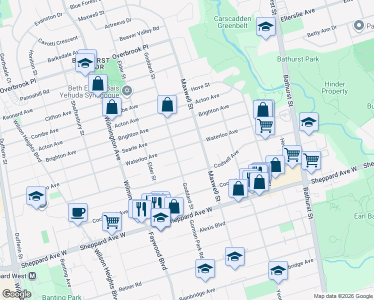 map of restaurants, bars, coffee shops, grocery stores, and more near in Toronto