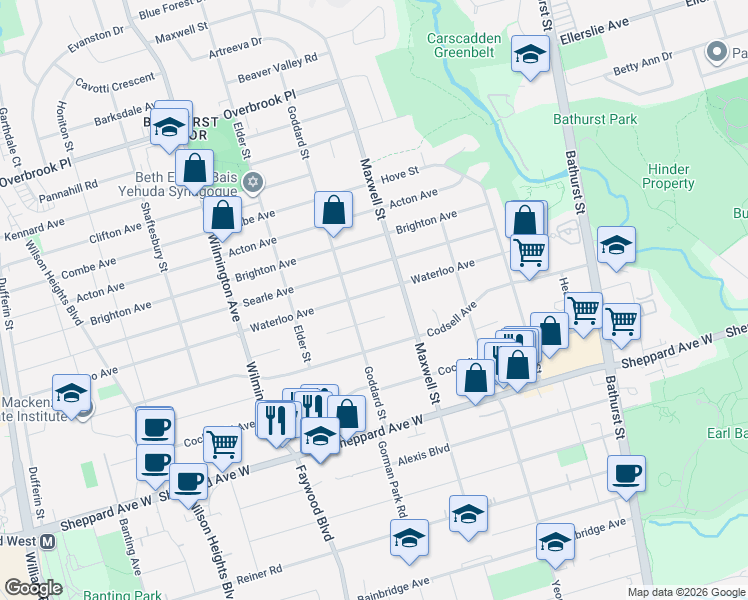 map of restaurants, bars, coffee shops, grocery stores, and more near 135 Waterloo Avenue in Toronto