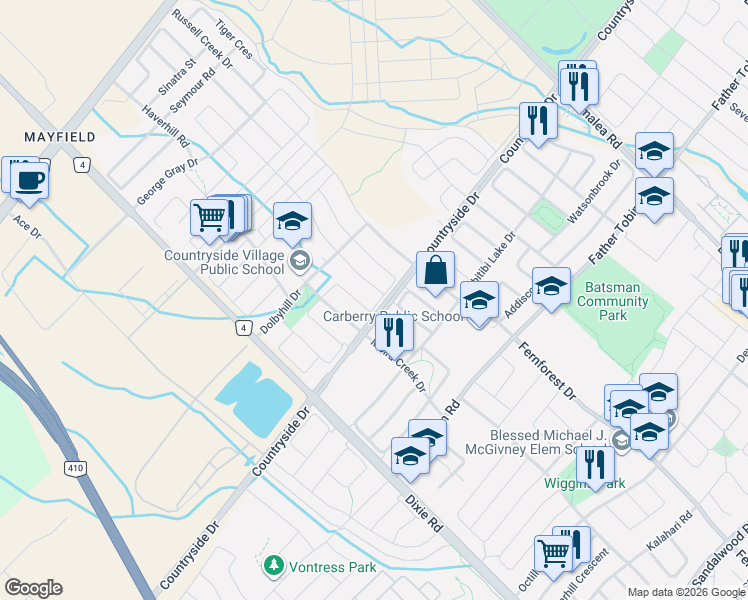 map of restaurants, bars, coffee shops, grocery stores, and more near 44 Villadowns Trail in Brampton
