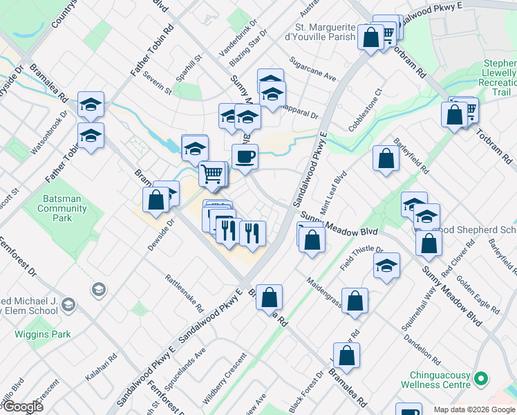 map of restaurants, bars, coffee shops, grocery stores, and more near 235 Sunny Meadow Boulevard in Brampton