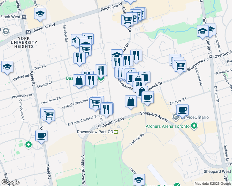map of restaurants, bars, coffee shops, grocery stores, and more near 4050 Chesswood Drive in Toronto