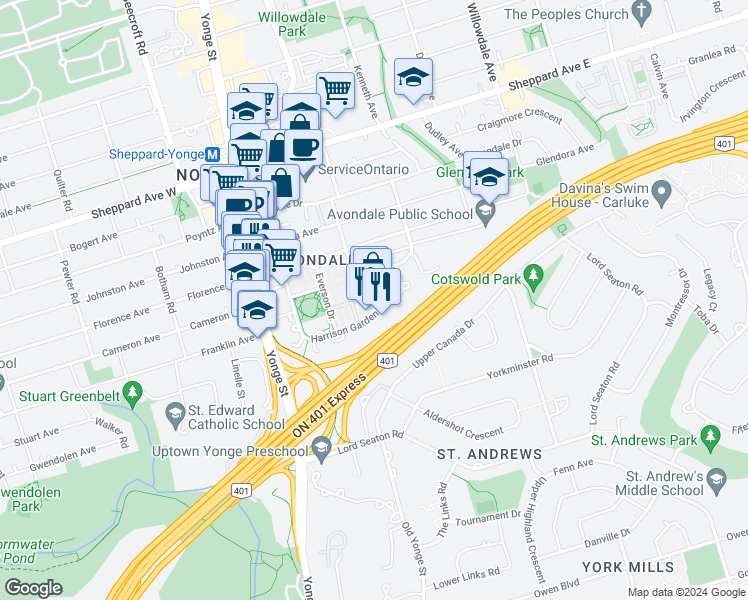 map of restaurants, bars, coffee shops, grocery stores, and more near 105 Harrison Garden Boulevard in Toronto