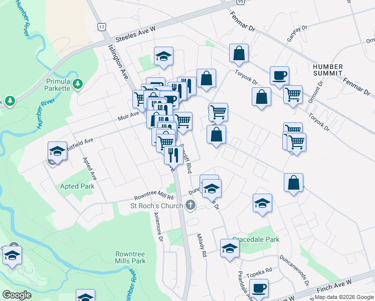 map of restaurants, bars, coffee shops, grocery stores, and more near 51 Seacliff Boulevard in Toronto