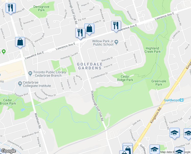 map of restaurants, bars, coffee shops, grocery stores, and more near 178 Confederation Drive in Toronto