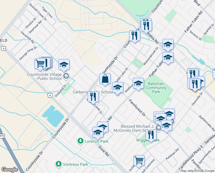 map of restaurants, bars, coffee shops, grocery stores, and more near 548 Fernforest Drive in Brampton