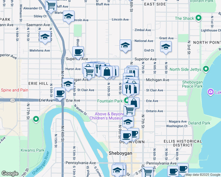 map of restaurants, bars, coffee shops, grocery stores, and more near 1214 North 9th Street in Sheboygan