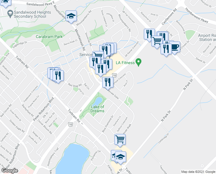 map of restaurants, bars, coffee shops, grocery stores, and more near 4 Pennyroyal Crescent in Brampton