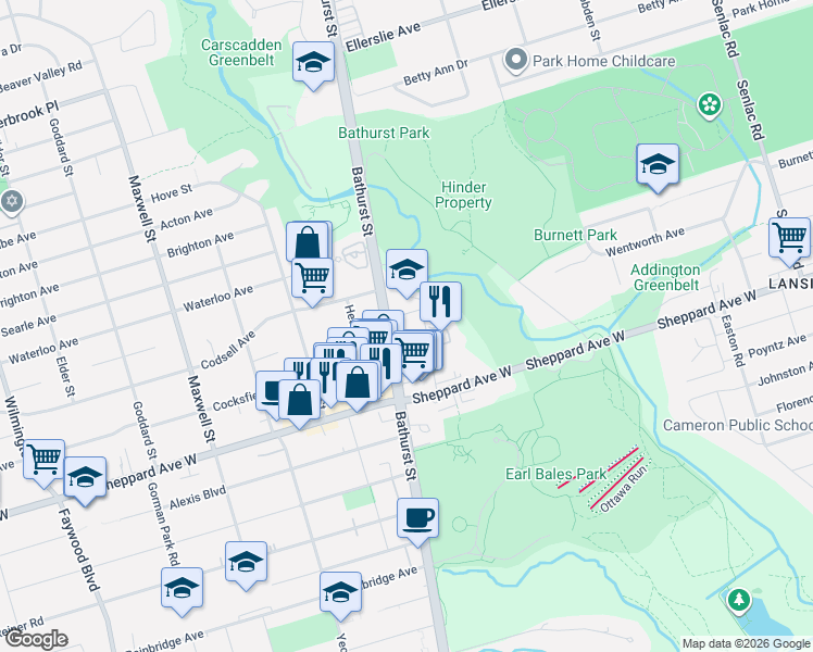 map of restaurants, bars, coffee shops, grocery stores, and more near 100 Canyon Avenue in Toronto