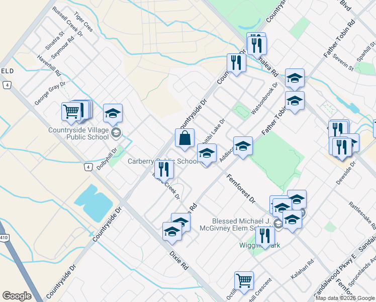 map of restaurants, bars, coffee shops, grocery stores, and more near 553 Fernforest Drive in Brampton