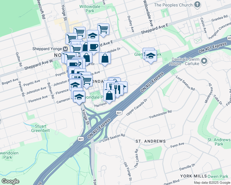 map of restaurants, bars, coffee shops, grocery stores, and more near 105 Harrison Garden Boulevard in Toronto