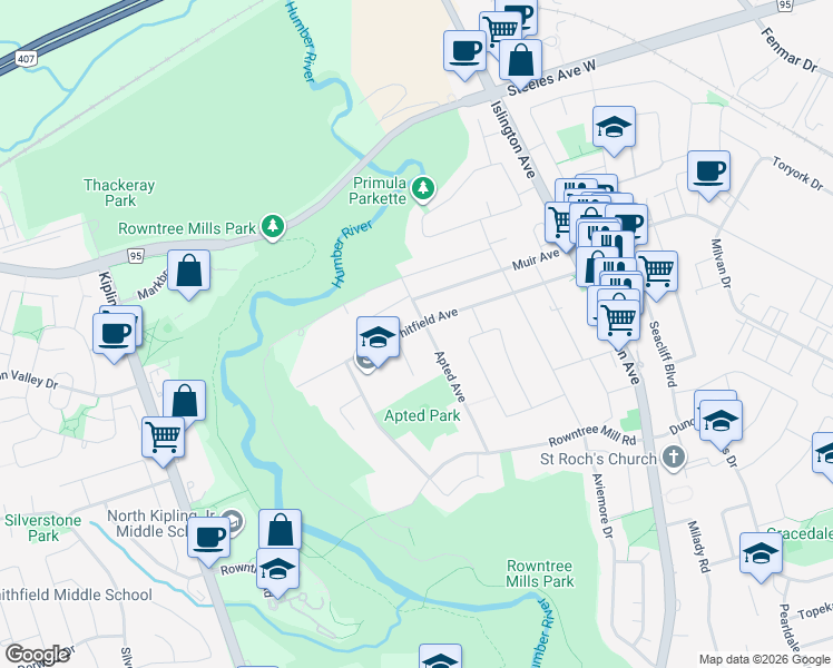 map of restaurants, bars, coffee shops, grocery stores, and more near in Toronto