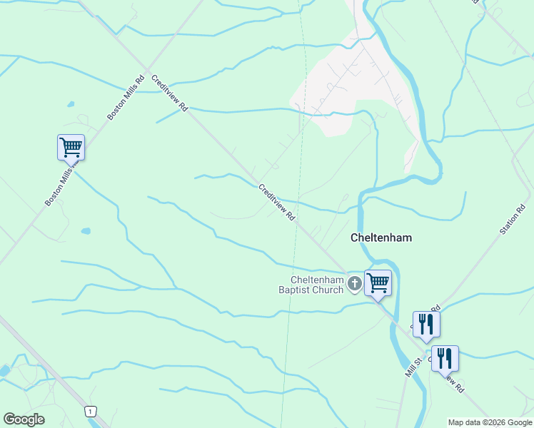 map of restaurants, bars, coffee shops, grocery stores, and more near 14700 Creditview Road in Cheltenham