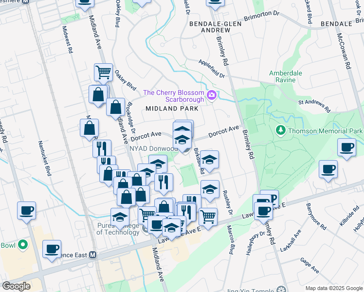 map of restaurants, bars, coffee shops, grocery stores, and more near 61 Dorcot Avenue in Toronto