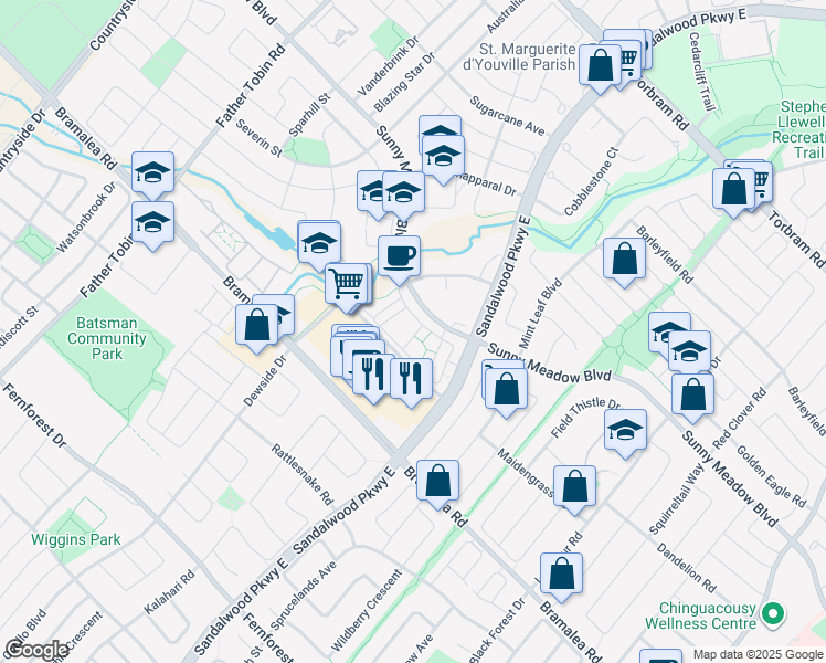 map of restaurants, bars, coffee shops, grocery stores, and more near 250 Sunny Meadow Boulevard in Brampton