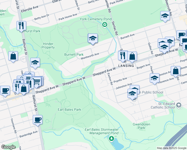 map of restaurants, bars, coffee shops, grocery stores, and more near 340 Sheppard Avenue West in Toronto