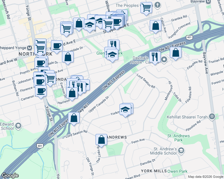 map of restaurants, bars, coffee shops, grocery stores, and more near in Toronto