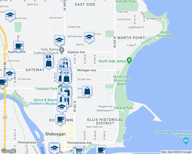 map of restaurants, bars, coffee shops, grocery stores, and more near 1218 North 5th Street in Sheboygan