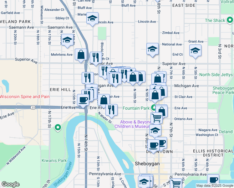 map of restaurants, bars, coffee shops, grocery stores, and more near in Sheboygan