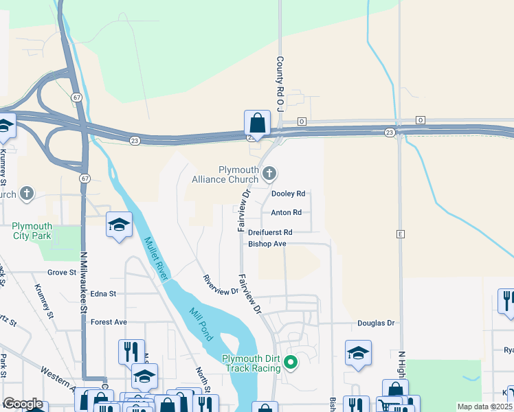 map of restaurants, bars, coffee shops, grocery stores, and more near 1025 Fairview Drive in Plymouth