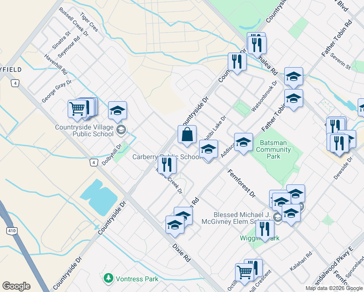 map of restaurants, bars, coffee shops, grocery stores, and more near 16 Gamson Crescent in Brampton
