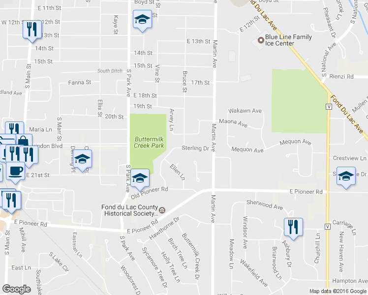 map of restaurants, bars, coffee shops, grocery stores, and more near 738 Sterling Drive in Fond du Lac