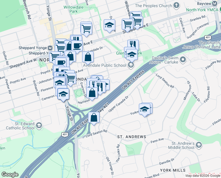 map of restaurants, bars, coffee shops, grocery stores, and more near 120 Harrison Garden Boulevard in Toronto