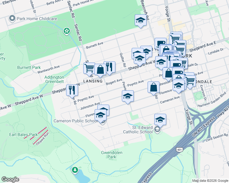 map of restaurants, bars, coffee shops, grocery stores, and more near 195 Poyntz Avenue in Toronto
