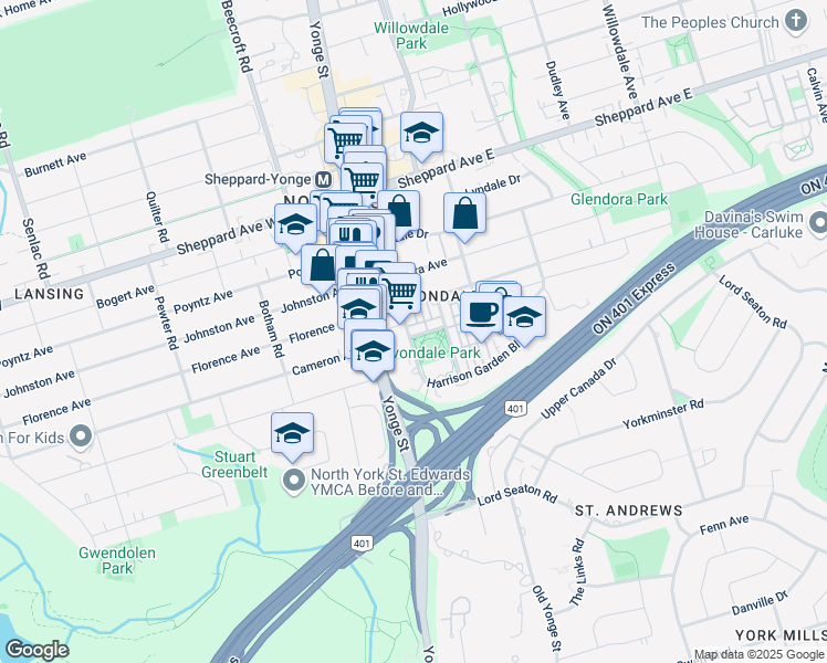 map of restaurants, bars, coffee shops, grocery stores, and more near 8 Humberstone Drive in Toronto
