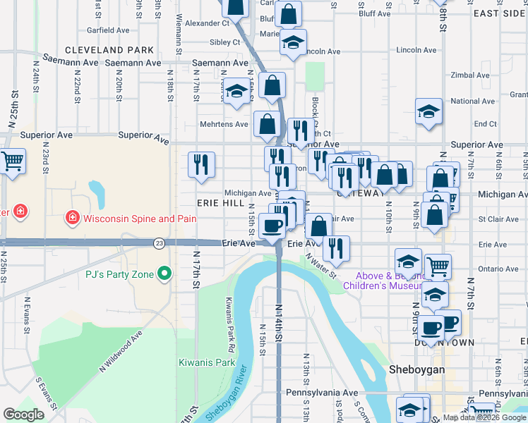 map of restaurants, bars, coffee shops, grocery stores, and more near 1219 North 15th Street in Sheboygan