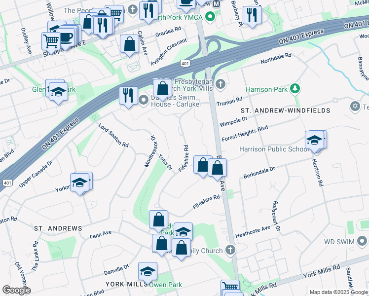 map of restaurants, bars, coffee shops, grocery stores, and more near 66 Fifeshire Road in Toronto
