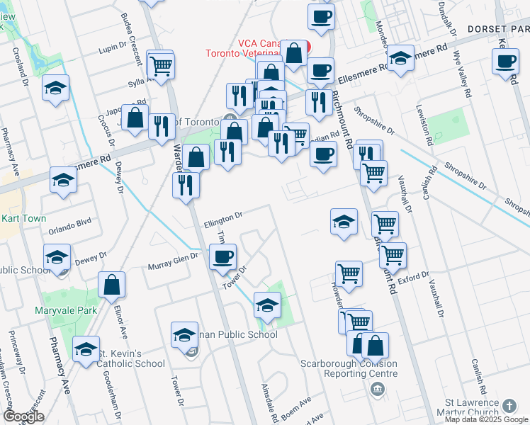 map of restaurants, bars, coffee shops, grocery stores, and more near in Toronto