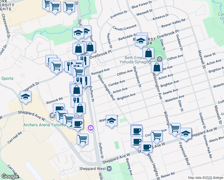 map of restaurants, bars, coffee shops, grocery stores, and more near in Toronto