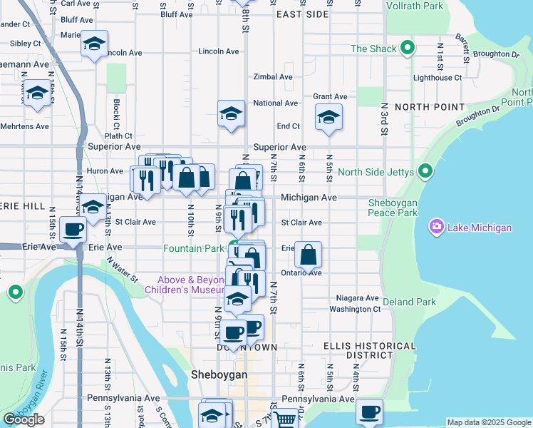 map of restaurants, bars, coffee shops, grocery stores, and more near 1215 North 7th Street in Sheboygan
