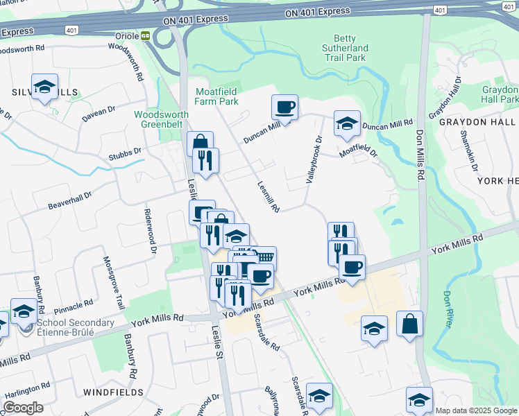 map of restaurants, bars, coffee shops, grocery stores, and more near in Toronto