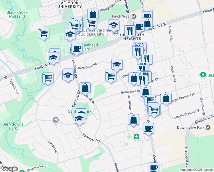 map of restaurants, bars, coffee shops, grocery stores, and more near 26 Bratty Road in Toronto