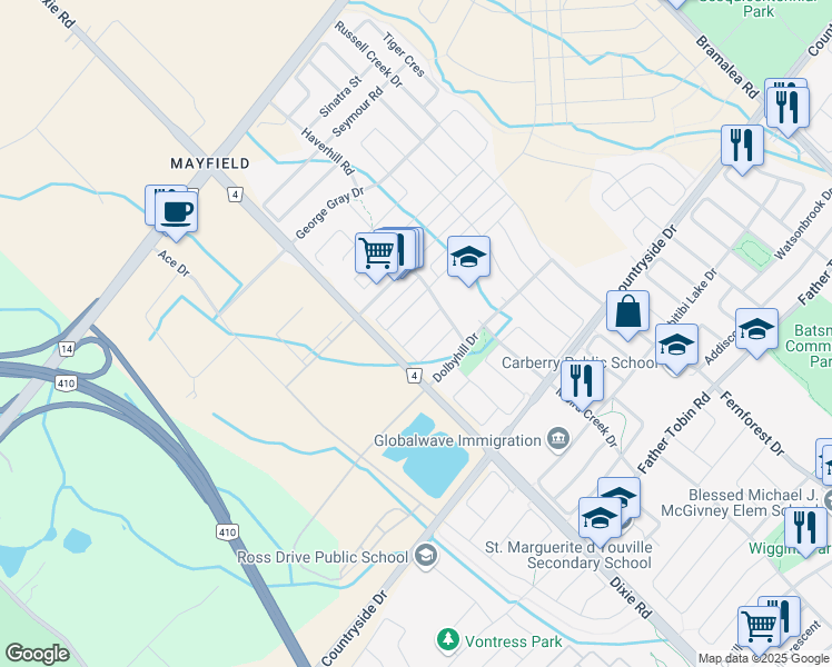 map of restaurants, bars, coffee shops, grocery stores, and more near Trentonian Street in Brampton