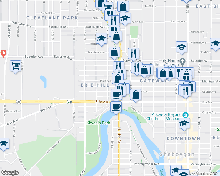 map of restaurants, bars, coffee shops, grocery stores, and more near 1219 N 15th St in Sheboygan