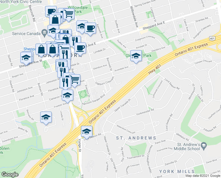 map of restaurants, bars, coffee shops, grocery stores, and more near 120 Harrison Garden Boulevard in Toronto
