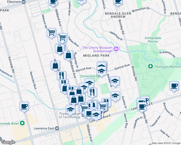 map of restaurants, bars, coffee shops, grocery stores, and more near in Toronto