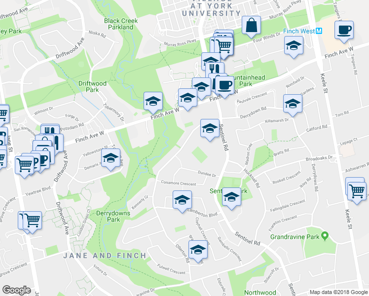 map of restaurants, bars, coffee shops, grocery stores, and more near 234 Derrydown Road in Toronto