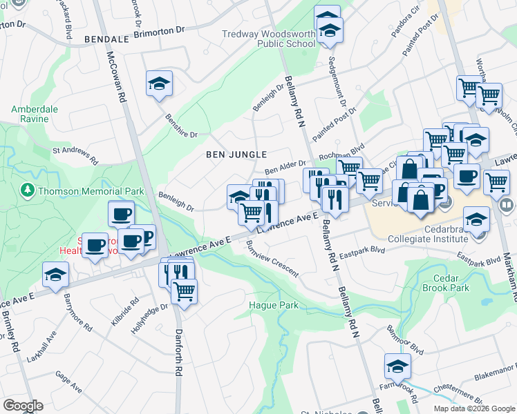 map of restaurants, bars, coffee shops, grocery stores, and more near 32 Benprice Court in Toronto