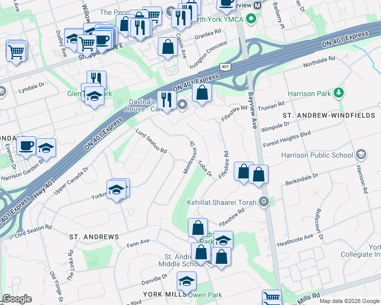 map of restaurants, bars, coffee shops, grocery stores, and more near 52 Montressor Drive in Toronto