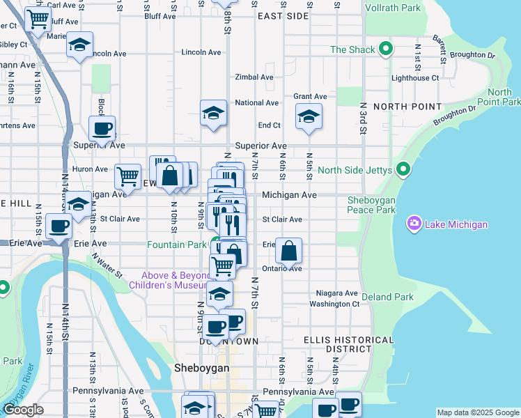 map of restaurants, bars, coffee shops, grocery stores, and more near 1215 North 7th Street in Sheboygan