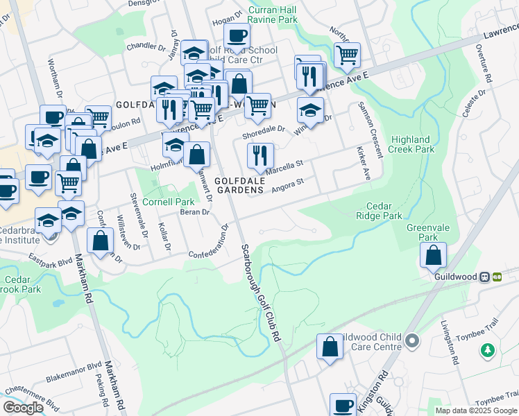 map of restaurants, bars, coffee shops, grocery stores, and more near in Toronto