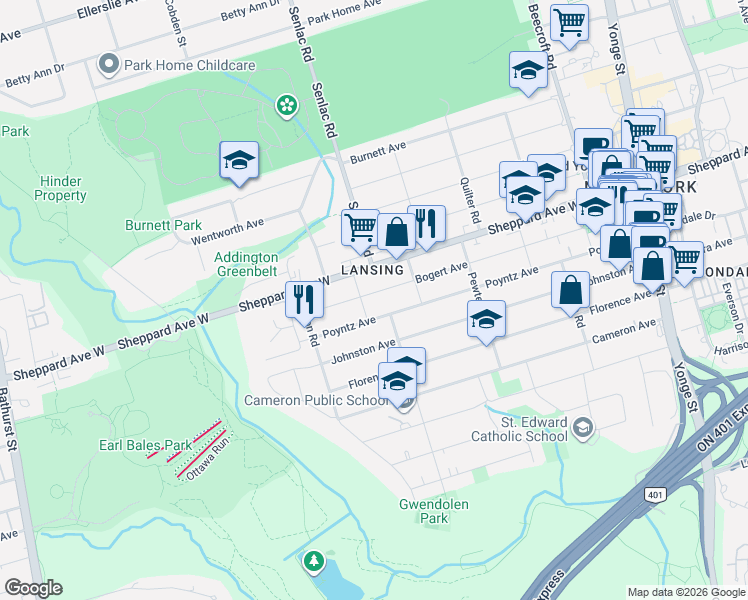 map of restaurants, bars, coffee shops, grocery stores, and more near 249 Bogert Avenue in Toronto