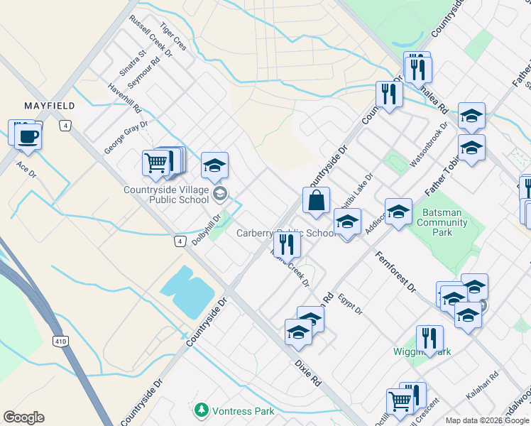 map of restaurants, bars, coffee shops, grocery stores, and more near in Brampton